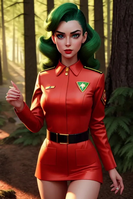 a color pencil draw of,alien girl,wearing soviet uniform,dancing,in the forest,five slender fingers,gorgeous face,beautiful lips,green eyes,curved eyebrows,smooth skin,wearing golden ring,bokeh,unreal engine,8k,smooth,highly detailed