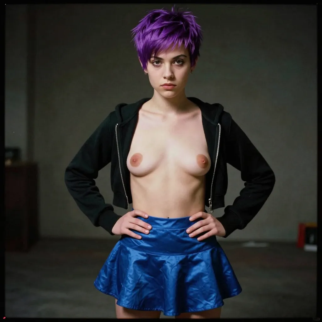 pixie cut vibrant purple hair, black cotton cropped unzipped hoodie open in front, cute pubescent girl, age 13, budding bosom, raised nipples, skinny, flaring hips, blue polyester skater skirt
