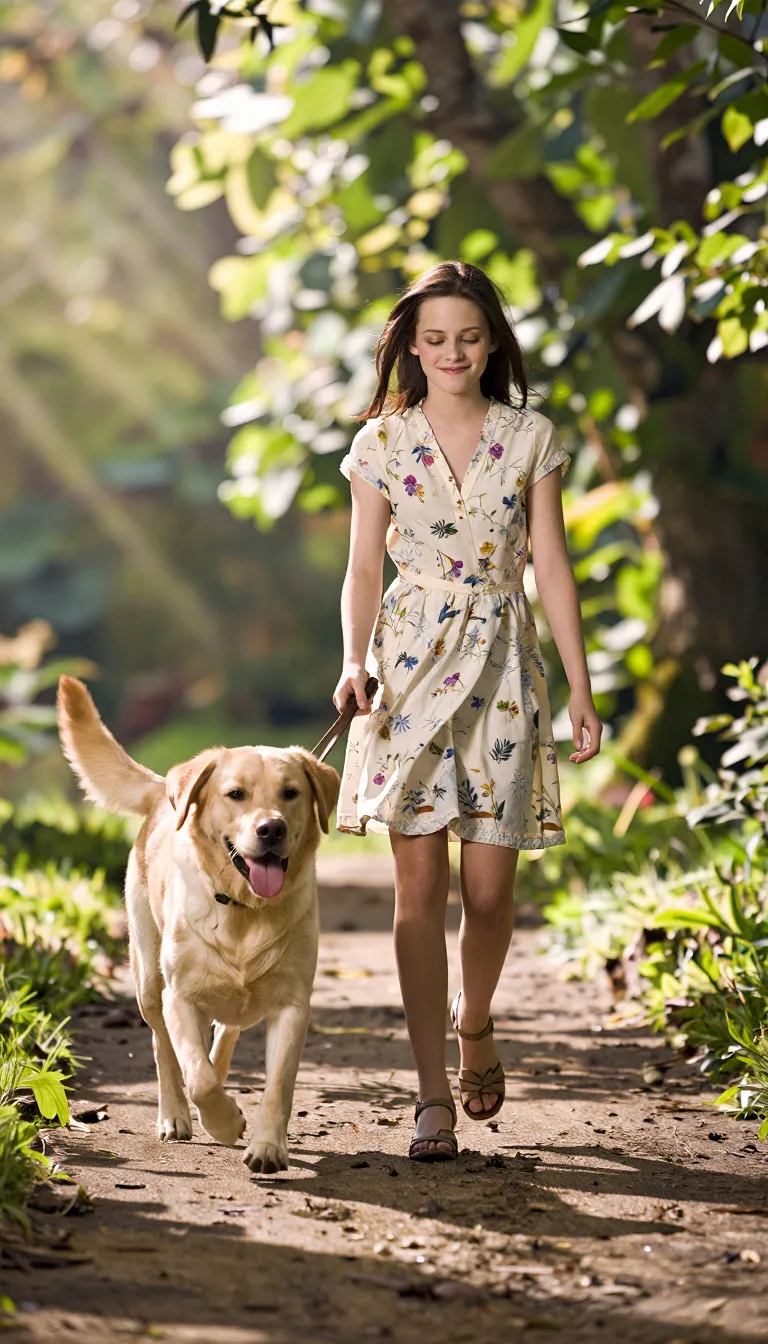 PICTURE QUALITY:
"Super high-resolution realistic fantasy art, professional shading, translucent textures, advanced light physics with sharp caustics and volumetric optics, vibrant hue shift, incredibly detailed 8k render."
CHARACTER DESCRIPTION:
"A slender fit young girl with a cute face, medium breasts, thin waist, and smooth skin.
She wears a light summer dress adorned with delicate floral prints and matching sandals. Her expression is one of serene bliss, eyes half-closed in a relaxed smile, radiating peaceful contentment."
DOG DESCRIPTION:
"A large golden Labrador retriever with glossy fur, its body arched in a joyful sprint, tongue lolling out to the side, tail wagging with high energy."
ACTION AND POSE:
"The girl walks on a dirt road with a graceful, steady gait, her fingers loosely gripping a leather leash. The dog runs ahead and beside her in an excited trot, paws hitting the ground with purpose. Her body language is fluid and effortless, capturing a moment of harmonious connection between human and beast."
BACKGROUND:
"An early summer morning deep in a forest park filled with lush greenery,. Sharp streaks of sunlight pierce through uneven patterns of leaves and branches, creating a dappled mosaic on the mossy floor. The atmosphere is airy and fresh."
COMPOSITION AND MOOD:
"A wide cinematic side-angle shot following their movement, low angle, making the characters tower over the viewer. The mood is poetic and tranquil, capturing the golden warmth of a morning stroll. Natural textures replace AI slop; every leaf and blade of grass is distinct with five fingers on each hand and perfectly separated human anatomy."
