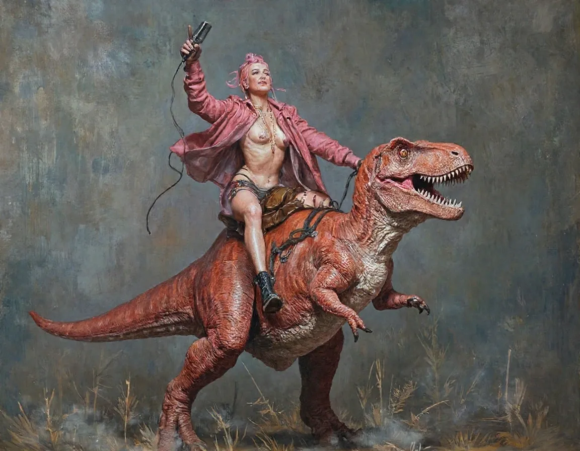 Pink the singer riding on the back of a scary T-rex