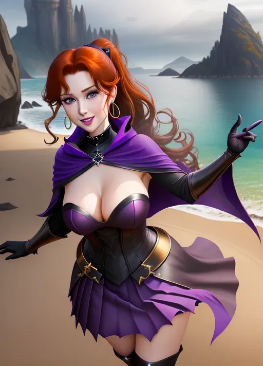 low angle, medium shot,
beautiful, Sweet innocent beautiful, good girl, goth makeup, Anna of Arendelle, age 30 long red-Auburn hair in a big ponytail, sweet smile, large round natural blue eyes, Nordic, black leather clothing with dark purple highlight, bare naked open exposed shoulders, gold hoop earrings, dark purple collar, long dark purple gloves, dark purple mini-Corsette, dark purple pleated micro-mini-skirt, dark purple thigh-high boots, long pointed canine teeth, bare mid-riff, long black hooded cape