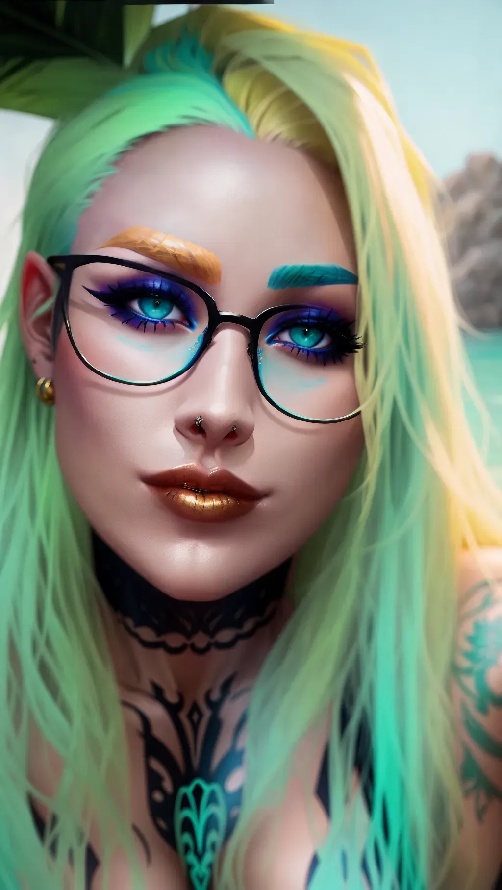 Dopamine Girl Cute Woman With Blonde Green Hair Big Lips Glasses Chest Tattoo Black Off 1493