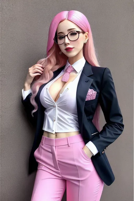 a oil painting of, belle delphine,wearing a suit, dresspants, blazer, see-through shirt, long nipples, flat breasts, pink hair, ahegaho,