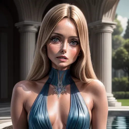 (Ultra realistic illustration:1.2), (portrait of young Barbara Bach from the Bond-movie The Spy who loved me:1.4) (short darkblonde hair:1.2), small breasts, (erect nipples:1.0), sexy silk dress, athletic body, slender arms and legs, abs, (detailed blue eyes:1.2), (beautiful face:1.2), cute nose, (erotic smile:1.1), sexy pose, (nsfw:1.0),
Setting at italian marble mansion with luxurious gardens containing green grass and trees, large pool, marble statues and columns,
<lora:dpmg_add_detail:1.2>, vivid colors, cinematic composition, artificial light, UHD, HDR, highest quality, highest resolution, (photorealism:1.2), (masterpiece:1.2)