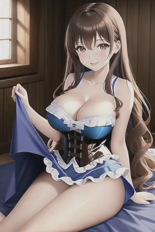 giant breasts, pale skin, brown hair, brown eyes, long hair, blue high heels, bright blue minidress, brown corset, in bedroom, pov, looking at viewer, smiling, 1girl, cleavage, full body, slim body, log cabin, maid uniform, 4k, wavy hair