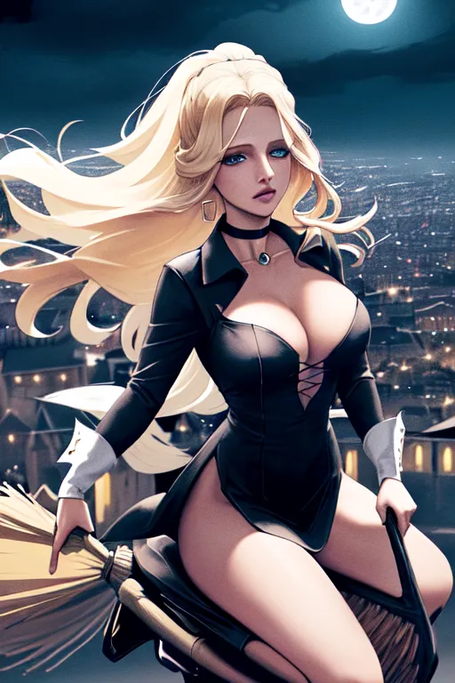 high resolution photograph, Teresa Palmer, accurate face, very low-cut blouse, black choker, as a sexy modern day witch, (((riding a broom))), (((flying over the city at night))), with an aura of magical power, full moon in background