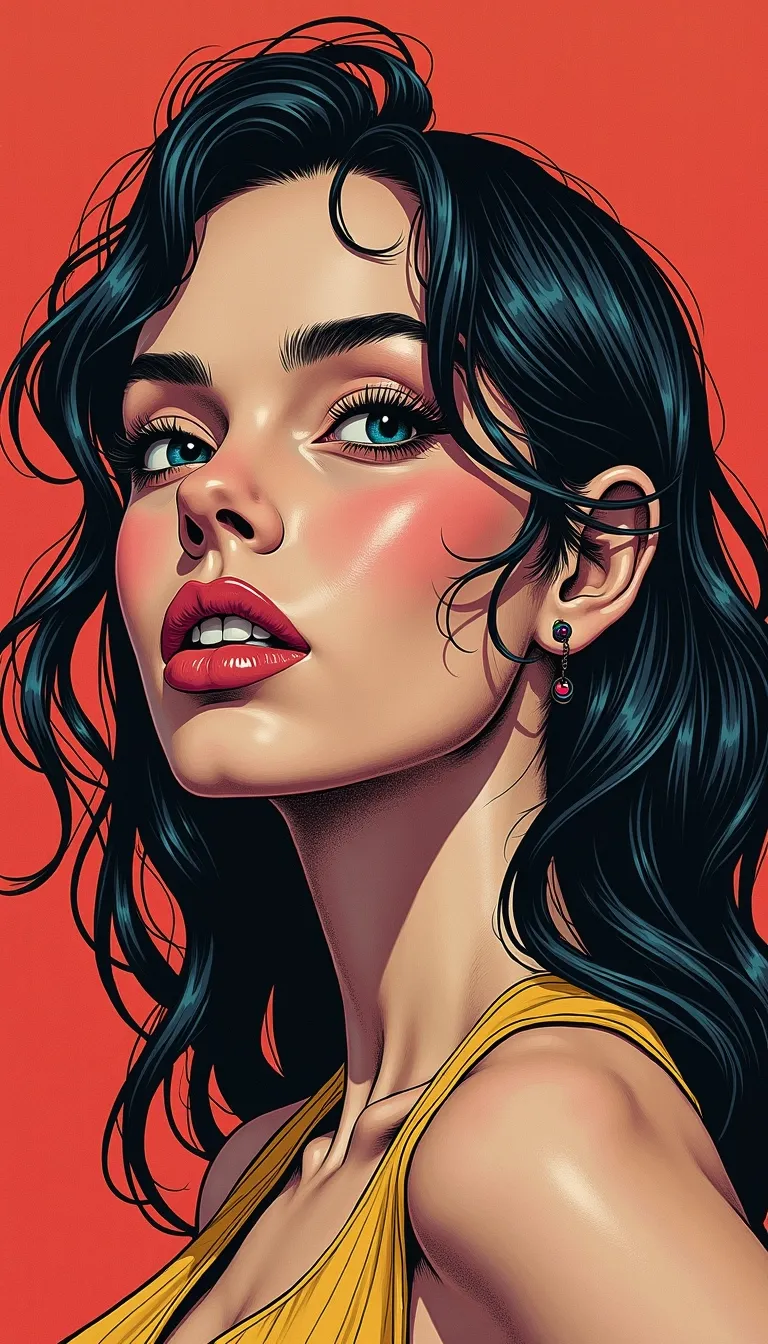 photorealistic and surrealistic film in a comic illustrations style by Mike Deodato, (interesting unique diverse complex character design that is a woman:1.2), (photorealistic detailed face:1.1), (classic stereotypical over tuned retro comics body shape and anatomy),
big variation of colors , smooth pencil brush to create a composition of vivid colors, thick black outlines, flat shading, minimal highlights ,interesting detailed Foreground and background depth are clear giving visual complexity to the scene