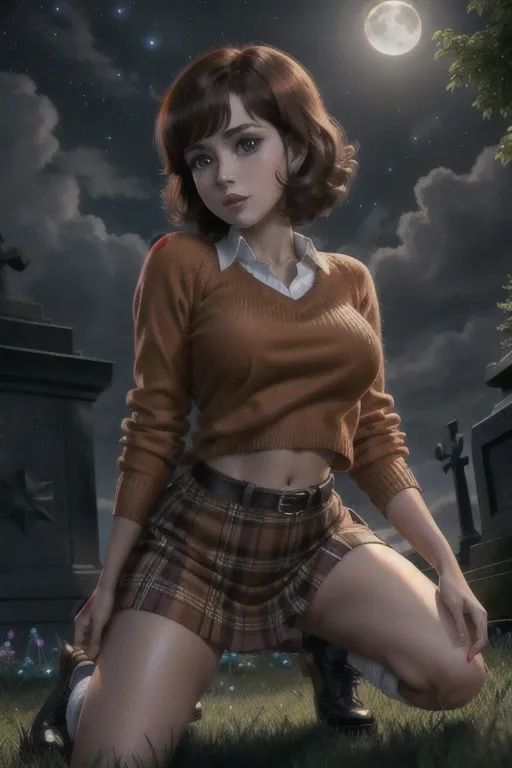 Photo of velma from scooby doo, young woman, wearing an orange sweater, wearing a plaid miniskirt, wearing knee high socks, looking at away from Camara, beautiful face, beautiful eyes, small pupils, short brown hair, big plump breasts, ((lifting up her shirt to expose breasts)), in dark cemetery, at night, full moon, volumetric lighting, focused, crawling on all-fours, upskirt, fingering pussy, erotic