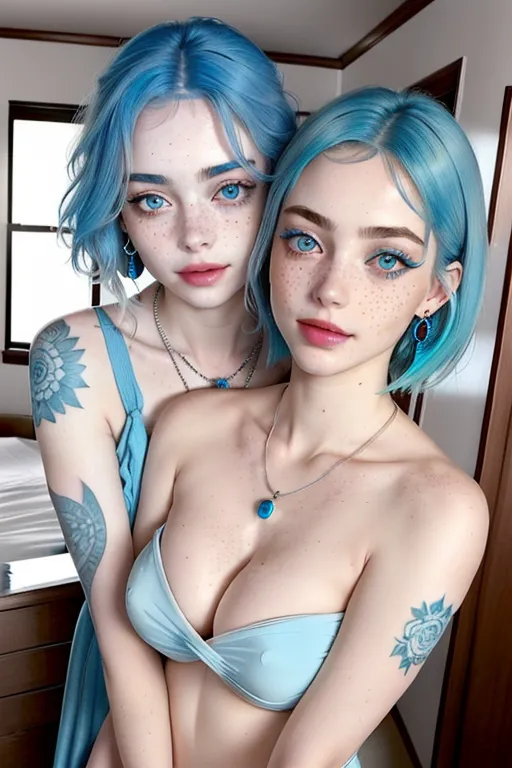 (((high angle selfie))),billie eilish and her sister,(((the most beautiful eyes))),(((the most beautiful woman in the world))),(((the most beautiful sexy cute face))),(wearing makeup and lipstick),(((freckles))),(tattoos),((short messy blue hair)),(looking at camera),(((naked))),uncovered belly,(((pale colors))),(skinny body),(skinny legs),perfect natural breasts,((standing in bedroom)),(showing cleavage),(gorgeous face),(beautiful sensual smooth lips),beautifully detailed blue eyes,curved eyebrows,curved eyelid,imperfect skin,highly detailed,sharp focus,film style,natural lighting,happy,smiling,joyful,wearing necklace and earrings