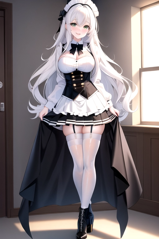 long hair, pale skin, white hair, green eyes, black choker, giant H-cup breasts, wavy hair, white maid uniform, smiling, full body photo, 28 years old, miniskirt, cleavage, high heels, corset, 8k quality, boots, in living room