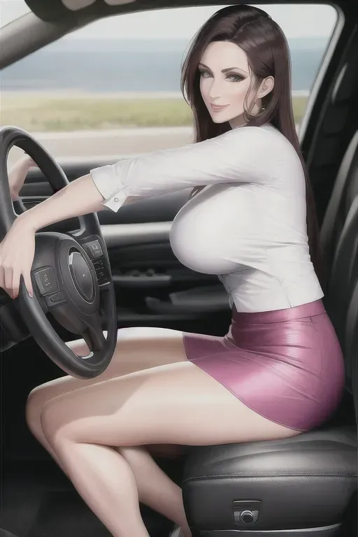 30 years old woman, short skirt, handling the car steering wheel