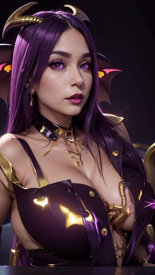 best quality, (((ultra high res))), (detailed face and eyes), hearts, perfect face, heart choker, golden earrings, jewelry, purple glowing heart, black latex, purple heart necklace, (topless), (((succubus))), horns, tail, snake coiling, perfect tits, (huge tits), (golden snake), ((heart nipple patches))