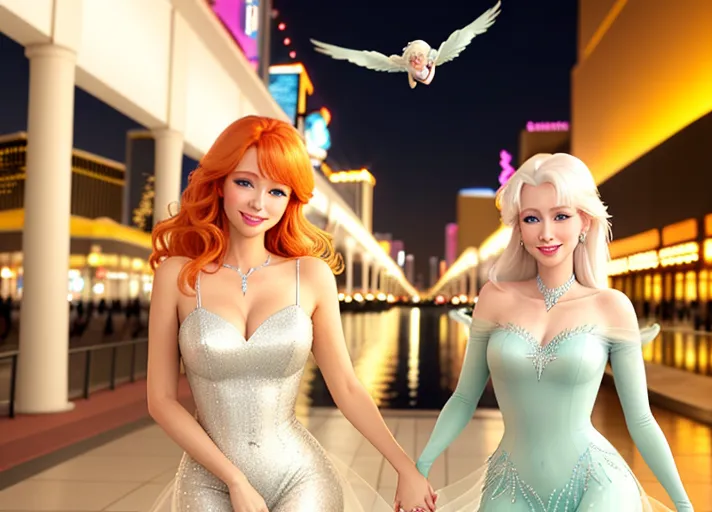 beautiful auburn haired Queen Anna in mint green dress and her platinum haired Sister, Elsa in white, with their beautiful sapphire eyes, visit dazzling Las Vegas Strip at night. Their warm sweet smiles brightening every day.