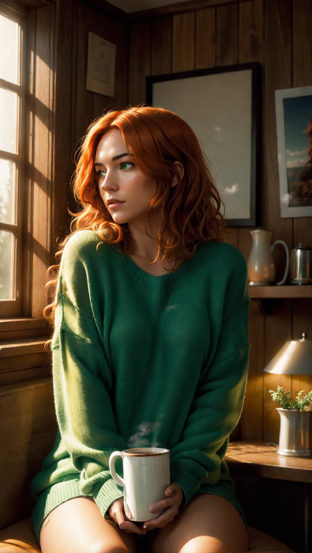 A professional photograph, 1 hot naked woman seated in a confortable armchair is ((looking away)) through a large bay window, she is ((naked)) but wearing an ((oversized sweater (falling over her shoulder:0.5))), she is holding a ((steaming:1.1)) mug of hot chocolate, the sun is setting outside and clouds are taking warm orange colours, the rain has just stopped outside, (((long auburn messy hair))), (((green eyes))), (((perfect realistic pussy with trimmed hair))), beautiful lips, perfect face, ((pensive:1.2)) and ((smiling:0.6)), highly detailed, perfect hands, five fingers per hand, perfect hands, curved eyebrows, long curved eyelashes,
((warm orange rays)) from the sunset, wood panels on walls, (soft dream atmosphere), ((cinematic lighting)), ((cinematic composition:1.2)), 32k, HDR, highest quality, highest resolution, (photorealist:1.72), (photorealism:1.72), (masterpiece:1.18), --s 750