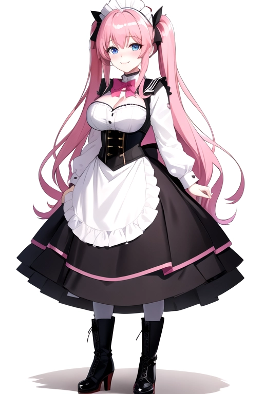 long hair, pale skin, pink hair, blue eyes, black choker, giant H-cup breasts, wavy hair, white maid uniform, smiling, full body photo, 28 years old, miniskirt, cleavage, high heels, corset, 8k quality, boots, in living room, pigtails