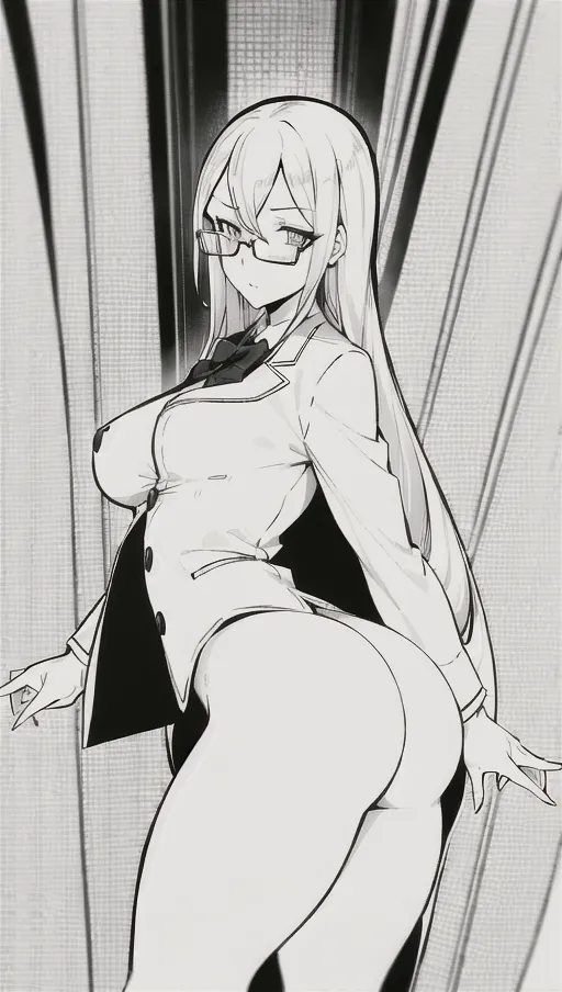 girl, black and white pencil art, Boichi manga style, global lighting, medium perky breasts, nsfw, ((masterpiece)), 8k wallpaper, high quality, lean slender, ((doctor outfit)), butt crack exposed, medium long hair side bang , thick rimmed glasses, <lora:manga_lineart:1>