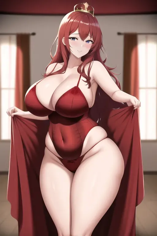 wide shot, 25 year old, a queen, thicc, lingerie, red, photo studio, day time, sunlight, happy, 8k, professional