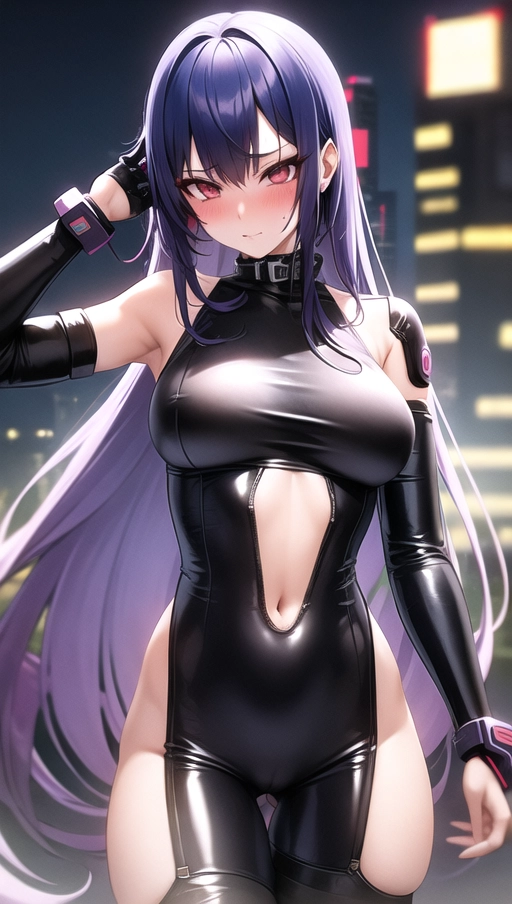 cyberpunk style, sexy, hot, 1 girl, long hair, thong bodysuit, blushing, from face,