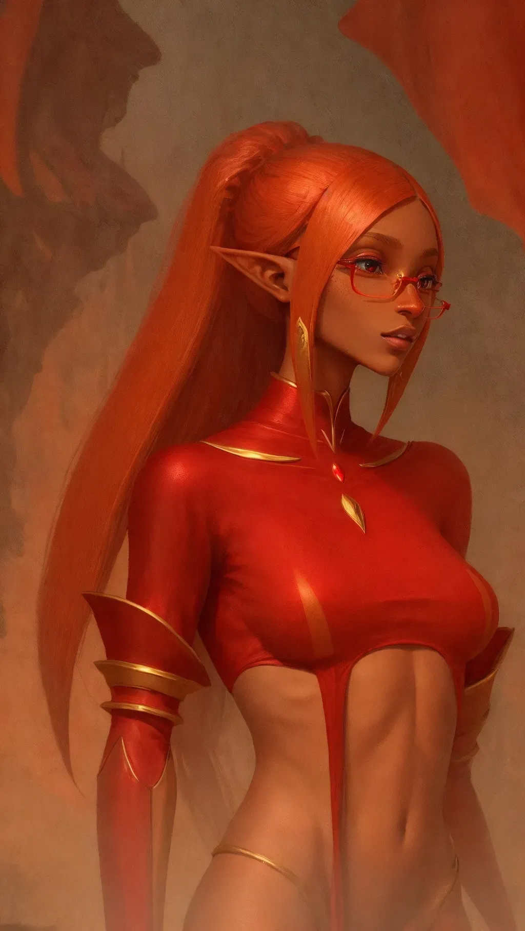 A picture of an elf she is brown skinned, wearing red expensive tight fitting robes that hug her entire body they have small golden stripes and small accents, character traits, Freckles, Glasses, Six foot Eight Inches, experimental,