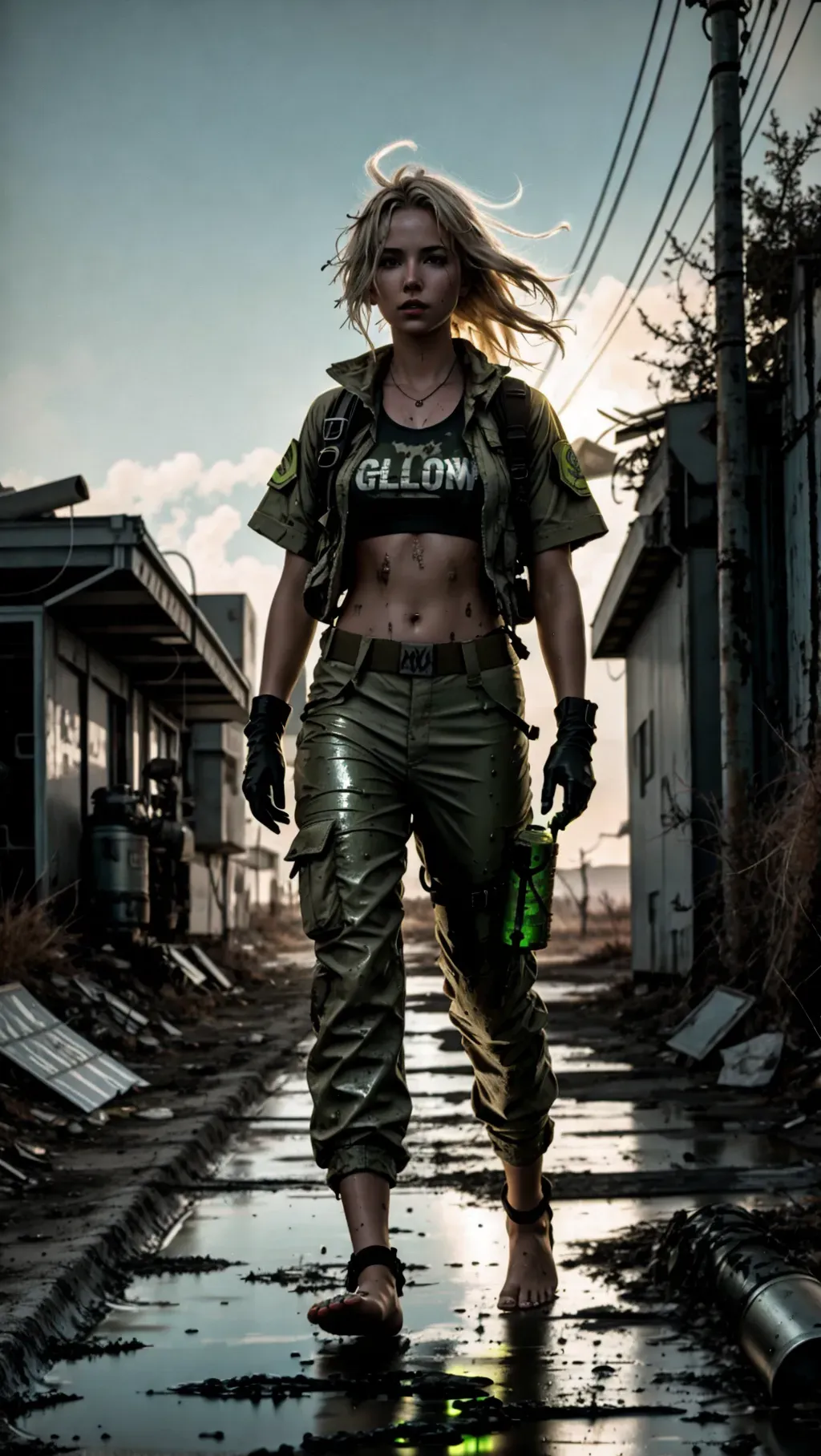 zoomed out, ultrarealistic image, adult barefoot white-skinned female journalist girl with grimy feet and wild unkempt hair wearing a combat shirt and long combat pants and wearing gloves and wearing toe rings while wandering a nuclear fallout wilderness with glowing radioactive sludge everywhere, barefoot, barefoot, barefoot, toxic sludge ground, sludge covered feet, luminescent sludge, glowing radioactive toxic sludge, glowing puddles of sludge, glowing radioactive sludge, ripped clothing,
