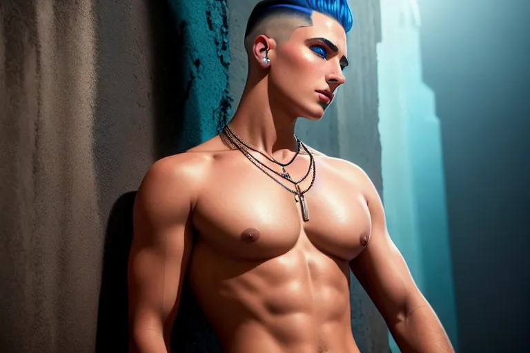 a color pencil draw of,a priest,naked,leaning against the wall,in a dystopian future,five fingers per hand,undercut hair,beautiful face,beautiful lips,blue eyes,curved eyebrows,wearing necklace,cinematic lighting,studio lighting,ultra realistic,bokeh,highly detailed