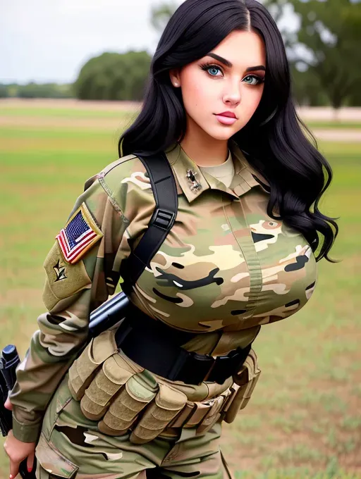 Gorgeous young American woman, photo cute attractive face, large wide doe eyes, light colored eyes, big plump lips, huge gigantic boobs, (gigantic tits), raven-black hair, sexy, thin, slim waist, tight olive-colored camouflage United States Army soldier fatigues, photorealistic, best quality, ultra high resolution