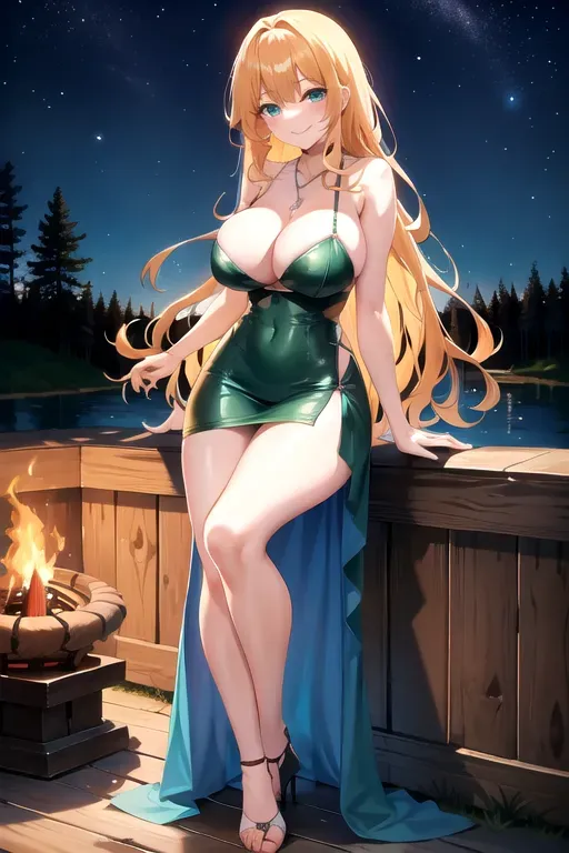 full body, strawberry blonde hair, green eyes, short girl, black high heels, looking at viewer, long hair, pale skin, silver necklace, 24 years old, giant breasts, cute face, pov, wavy hair, wide eyes, erotic, skirt tug, nighttime, slim body, sitting by lake, smiling, cleavage, 44F breasts, standing by campfire, blue minidress, serving drinks