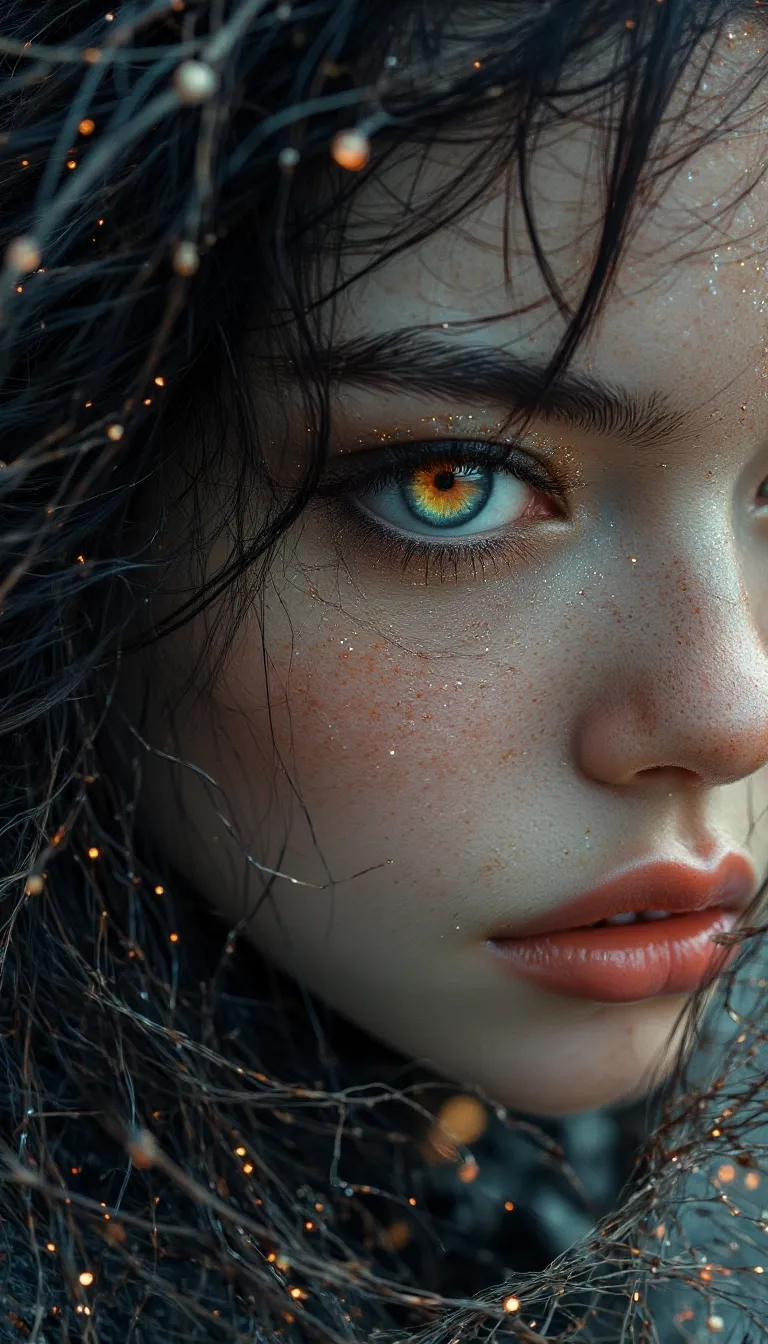 A hyper-realistic portrait of a stunning supermodel, featuring a beautifully detailed face with intricate. The image blends futuristic and traditional elements with a neo mode, avant-garde style, characterized by delicate and sleek lines, vibrant colors, and exquisite details. The modelâs eyes captivate with complex colored irises, while her unique, crazy hairstyle adds to the surreal and mysterious charm. The overall composition is symmetrical and fluid, with an ethereal and timeless aura. The interplay of light and shadow enhances the high-fashion aesthetic, capturing the essence of cyberpunk and folklore in a visually striking and artistic statement, Midjourney_Whisper
