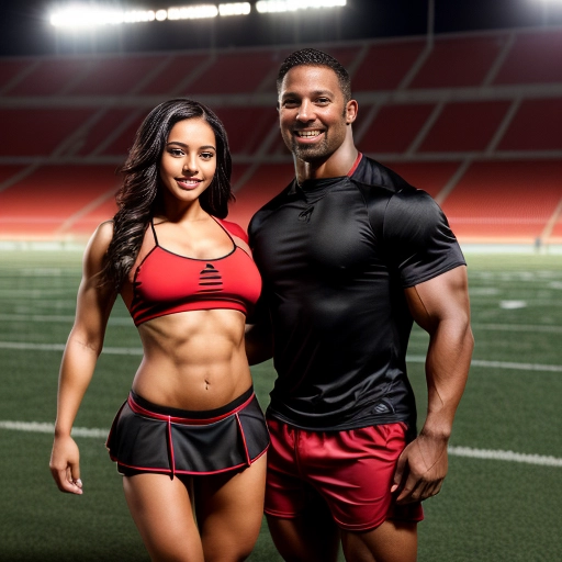 a professional couples photograph of a petite female latina cheerleader posing seductively with her right hand on the chest of a tall muscular male latino football player
models are smiling
((female model is wearing a tight skimpy black and red cheerleader uniform and skirt with no panties))
((male model is shirtless wearing red and black athletic shorts with a visible large cock bulge))
models have very dark tanned skin and long thick black shiny hair
female model has very large heavy natural breasts with big erect nipples and wide hips with a muscular round ass and shapely legs
female model has slim waist and hourglass figure
background is night at football field
high resolution photograph
studio lighting
<lora:dpmg_add_detail:1>
<lora:dpmg_werewolf:1>