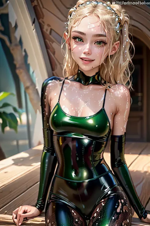 beautiful, masterpiece, best quality, extremely detailed face, perfect lighting, 1girl, solo, <lora:dpmg_imminent_fuck:0.9>, 1boy, imminent penetration, lying, on back, spread legs, pov, leg grab, black latex clothes, skinny girl, wet skin, short blonde hair, tanned, shy, smiling, green eyes