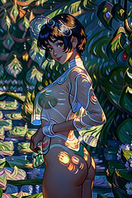 a dslr 34.2k resolution full color glamour digital photograph of a gorgeous svelte 18 year old Malaysian girl ,((wearing a sheer see-through semitransparent cropped shirt)),((showing vulva)), (pubic hair) ,all-fours,in the garden,(perfect ass), small natural breasts,five fingers per hand,short hair,beautiful face,beautiful lips,(coy sultry smile), alluring eyes,curved eyebrows,curved eyelid,textured skin,satisfaction,professional, bokeh,sharp focus, ((((Monet painting))))