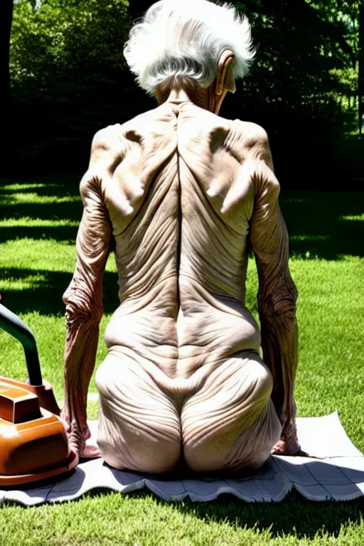 (great grandmother),(90 years old),(naked),(wrinkled skin),(very skinny), sitting at picnic table, bent over, showing ass , (tan lines), lawn mower, yard