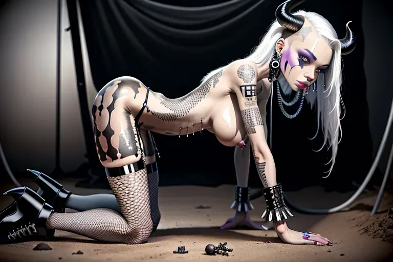 PHOTOREALISTIC. DOGGYSTYLE. SIDE VIEW. PALE MONOCHROME PALETTE. NSFW, porn, fetish image of an extremely SKINNY slim THIN ANOREXIC satanic daemon succubus girl with BLACK AND WHITE SKIN. VITILIGO. SPOTTED SKIN. PALE TAN LINES. Dirt on skin. EBONY BLACK SKIN with LARGE WHITE SPOTS. White body paint. WHITE AREAS ON BLACK SKIN. GIGANTIC HUGE BIG HEAVY BOOBS. HUGE HEAVY TITS. PERKY NIPPLES, long nipples, pierced nipples. Piercings. Pierced skin. MATTE SKIN. VITILIGO. Cow print. Zebra print. WHITE AREOLAS, white nipples. SKINNY THIGHS. SKINNY HIPS. WHITE PUBIC HAIR. SKINNY BUTT. SKINNY ASS. SMALL BUTT. Skinny legs. Wings. HORNS.
WHITE TATTOOS. SCARS. Stiched skin. White hair, big fake lips. Shaved head. Lots of metal jewelry. Metal high heels, sexy platform boots. Metal elements of lingerie. Armor. Transparent lingerie. Piercings. Pierced nipples. STICHES. Chains. Spikes. Fishnets. Latex. Fetish. BDSM. Human ears, big lips. Round butthole, anal, anal gape. Bimbo. Black mud. Dirt. Snakes, insects, bugs, centipedes. City ruins at night, fire, war, or nighttime winter woods in the background.
