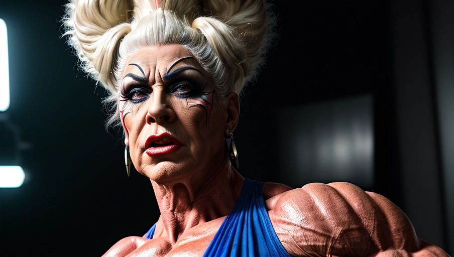 portrait of hyper muscular mature dragqueen, perfect face, strong facial features, muscular face, ugly, hands on hips, extreme makeup, ugly, long dress, huge jaw, steroid face, vivid colors, god rays, cinematic shot, dynamic lighting, 75mm, Technicolor, Panavision, cinemascope, sharp focus, fine details, 8k, HDR, realism, realistic, key visual, film still, cinematic color grading, depth of field, close-up shot,
