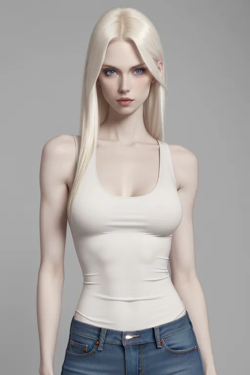 beautiful pale skinned woman, long platinum blonde hair, skinny, flat chest, ((flat chest)), wearing a tank top and low cut jeans