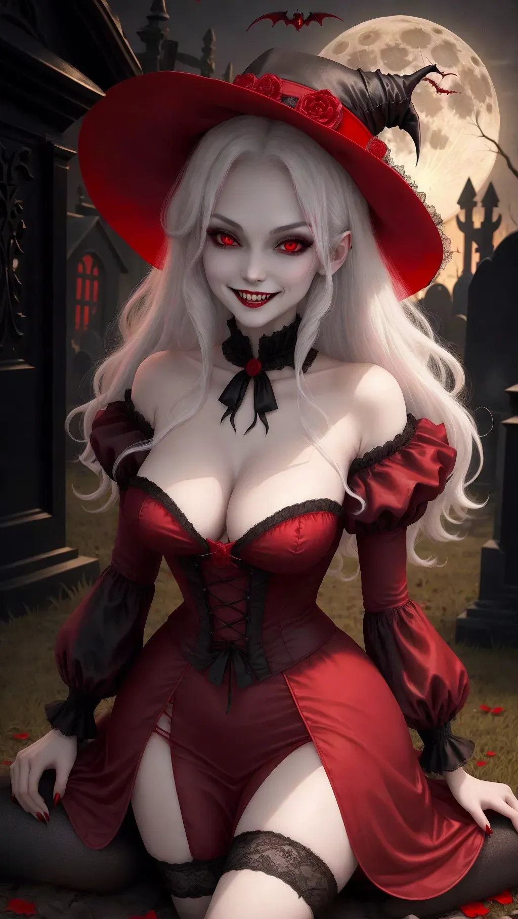 Linda, sexy vampire girl, sinister smile, 1boy, full moon, graveyard, Victorian era, scary, gore, blood running down on breasts, small breasts, showing two large k9 fangs, red dress, red hat, white hair, pale white eyes, bloody,