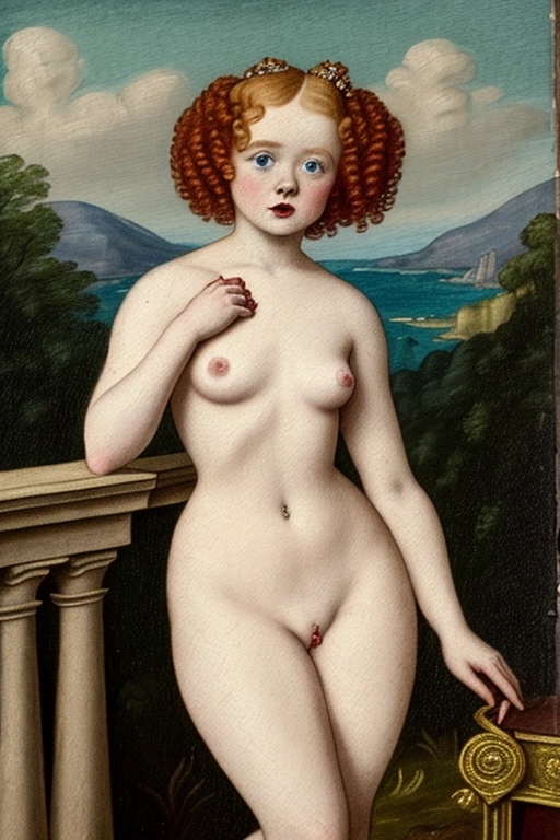 nicola coughlan from bridgerton, Regency era erotic painting, hips and up, regency makeup, elegant, curly hair, light strawberry ginger hair, nude, medium breasts, small breasts, wide hips, thick thighs, soft belly, slightly chubby, 20 years old, hourglass