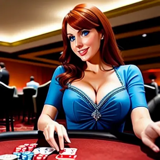 low angle shot, different clothing,
Anna in Las Vegas. playing cards in a casino.
innocent sweet, Anna of Arendelle 37 years old, Nordic, green dress, large natural round blue eyes, long auburn hair, sweet face, warm smile, soft curved eyebrows, smaller modest breasts. cards fanned in her hand.
five fingers per hand, ultra realistic, unreal engine, reduced saturation, adult