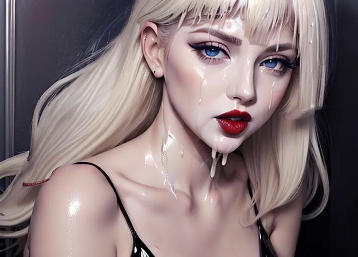 image of a blue eyed woman, (((dpmg_face_cum_v1))), (((platinum blonde))), fair skinned, long false eyelashes, heavy black eyeshadow, bangs, (((glossy dark red lipstick))), eyes open and looking at camera, dpmg_awaitingtongue_v1, (((cum on face))),