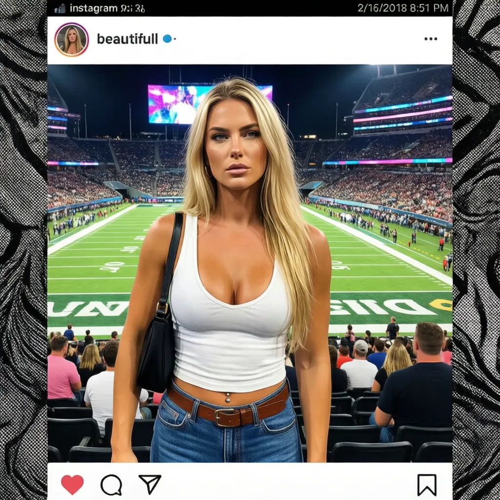 photograph, social media post, Instagram, Dopamine Girl, blonde woman, white tank top, low-cut, revealing cleavage, blue jeans, brown belt, black shoulder bag, standing in football stadium, night game, green grass field, white yard lines, large digital scoreboard in background, crowd in stands, Instagram timestamp 2/16/2018 8:51 PM, user profile picture top left, tweet text "beautifull", post likes 90, shares 13, border with black and white pattern, Dopamine Girl has fair skin, long straight hair, serious expression, athletic build, small belly button piercing, casual style, sports event, modern stadium, vibrant colors, digital medium, realistic photography, social media layout, Instagram interface, clear weather, night lights illuminating stadium.