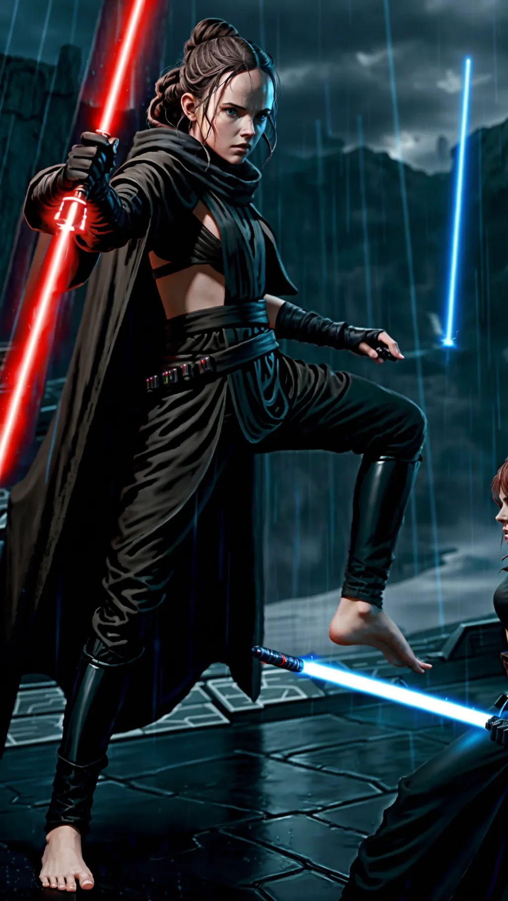 tan barefoot Sith Rey Skywalker wearing black Sith outfit while using a lightsaber to fight on Kamino, barefoot, (long dark Sith warrior pants: 1.3), (gloves: 1.2), (raining: 1.2),