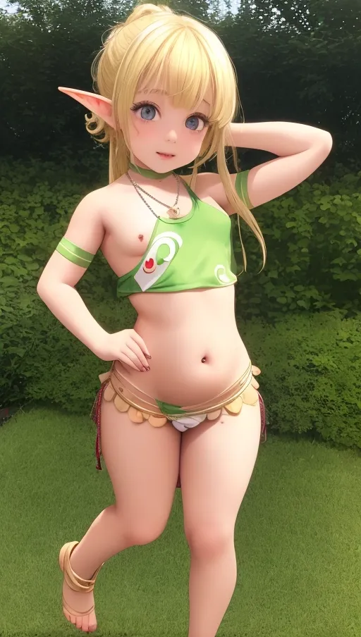 A young short loli halfling elf, wearing a field hockey uniform, perfect perky breasts, brazilian butt lift, curvy short and thick thighs, navel, pierced bellybutton with a jewel, curly neat blonde hair tied up, dainty small bare feet, cute necklace, walking in the overgrown garden