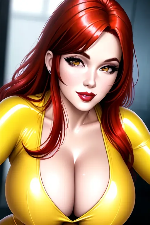 an ultra realistic photo of April ONeill, red hair, oversize eyes, doe eyes, lustful gaze, smile, yellow jumpsuit, tight clothing, cleavage, shiny lipstick, big lips, action pose, high quality