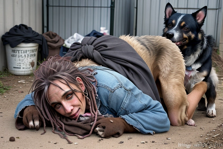 Beautiful Dirt covered homeless woman, ragged torn clothes, no pants, exposed vagina, exposed breasts, (litter covered kennel filled with dogs), legs spread, tired happy face, pet dog, legs spread, beastiality, knotted, <lora:dpmg_fucked_from_behind:1>