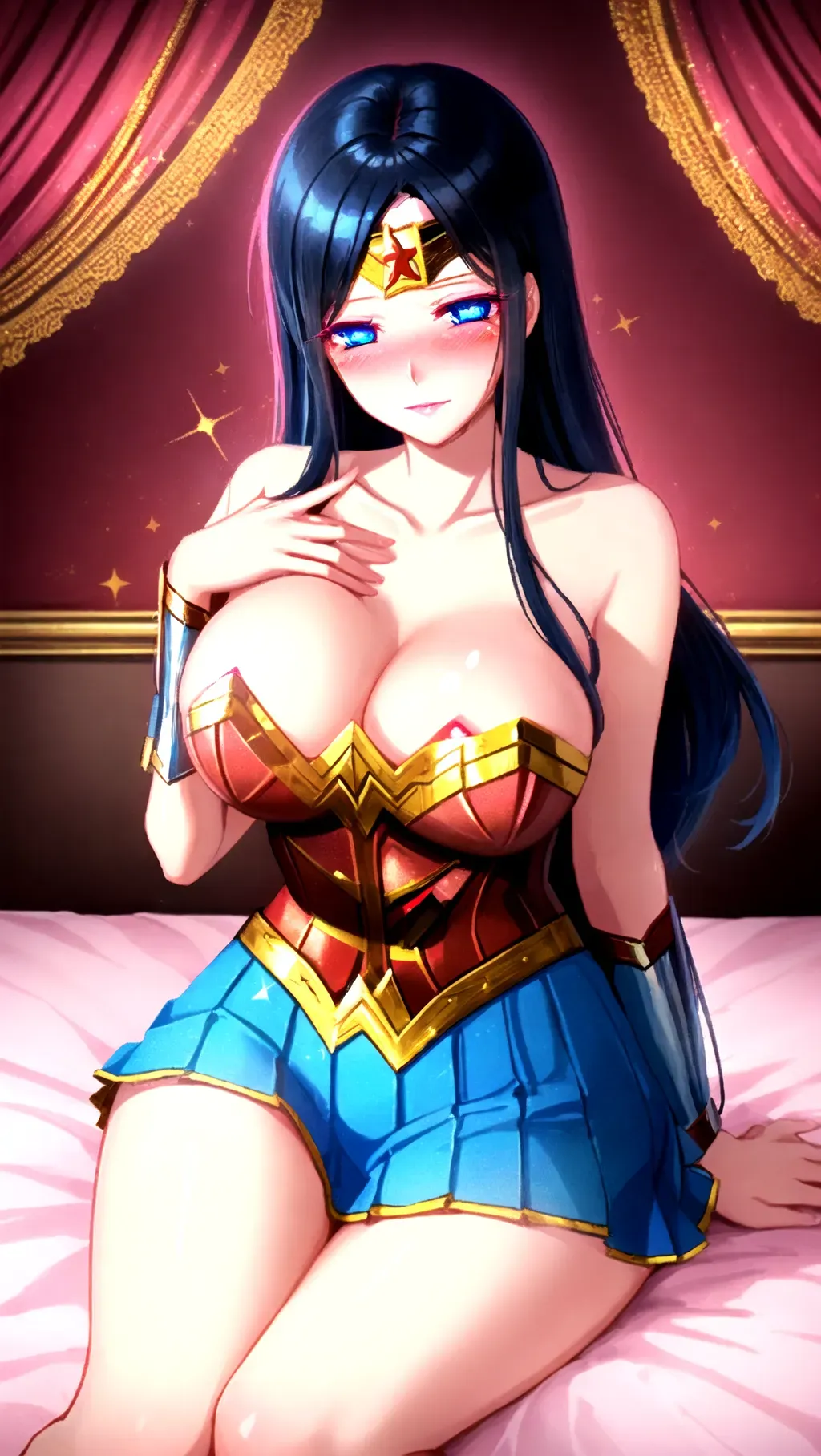 motherly wonder woman in red love hotel on romantic bed, pink lighting
red and gold wonder woman costume with blue skirt, long black hair, sparkling round blue eyes, detailed eyes, soft lips, she is blushing, detailed hands