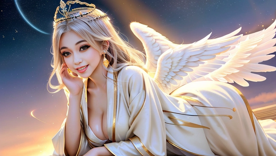 a 64k high detailed photo of body shot of straight Female Angelic HDR Professional ((In clothing Robes))) ((Has Attire)) Godly Ultra Detailed Best Quality Most Detailed ((Angel Wings)) Angelic Lighting Love Hope Magic casting Crown Smiling Queen happy Glory Warrior Angels Angelics Positivity Happiness ecstasy enraptured sweaty saving God Royalty Morality Goodness True Good Power Force Authority Ethical Saviour Halo short Hair Always and Forever Sentimental in heat hot ultra hot best best lighting tantric Neutral Brilliant Logical Compassionate Perfect Perfection Exciting Integrity Winged Courage Purity Harmony Beauty mark on upper lip ((Female)) (Ethereal Lighting) (Celestial Lighting) (((With Clothes))) ((With God Item)) (((God Tech))) (God Magic) with items of power God Wings ((Afterlife Light)) (Perfect Tits) (Perfect Ass) (Love Worship) ((Happy Expression)) ((smiling)) AJH True Happiness (Pleasure) (True Love) ((Angelic Hair)) ((Purity))