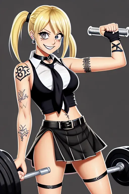 best quality, lucy heartfilia, standing, grin, peace sign, earrings, (barbell piercing), looking at viewer, collared shirt, black choker, necktie, skirt, classroom, tattoo on left hand