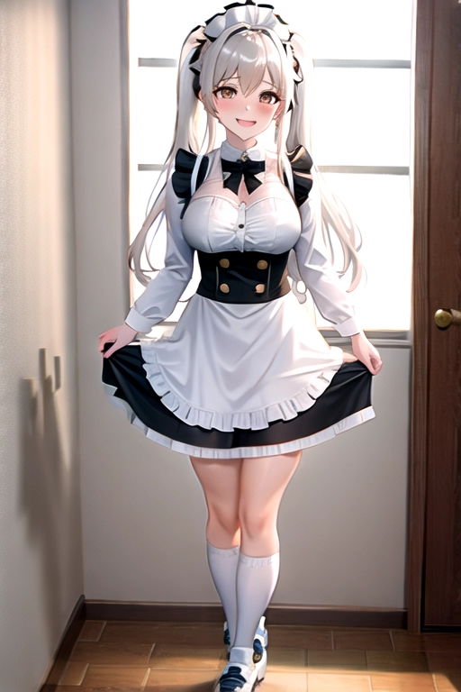 8k quality, brown eyes, pale white skin, white hair, giant breasts, cleavage, looking at viewer, pov, long hair, wavy hair, standing in bedroom, maid uniform, roller skates, miniskirt, pigtails, full body photo, smiling