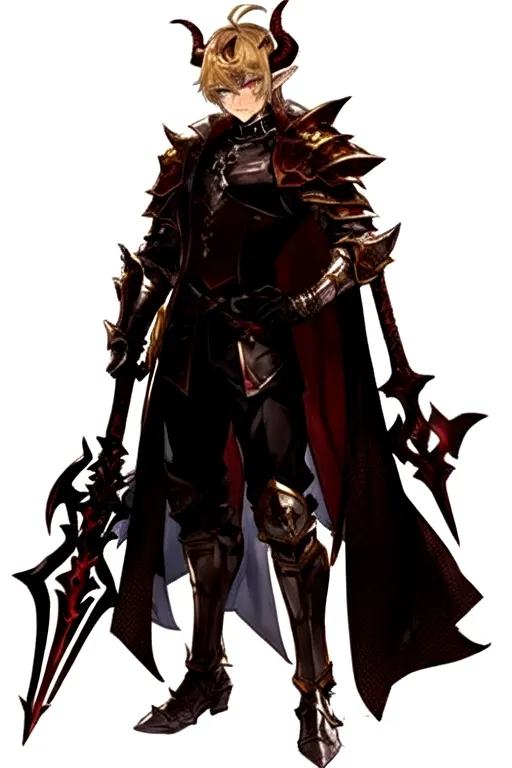 (masterpiece:1.2), (best quality), (ultra detailed), (8k, 4k, intricate),(full-body-shot:1), (highly detailed:1.2),(detailed face:1.2), best quality, masterpiece, solo, solo guy male tiefling, bright golden brown yellow hair, heterochromia, green eye, red eye, determined look in eyes, golden brown color hair, curled horns devil, hell armor, ,red horns, holding battleaxe, shield, chrome shiny battleaxe, androgynous haircut, imp demon , dark paladin, chain main shirt, battle axe wielder, warrior, knight of hell, demon tiefling, hell red power, curled horns, illrigger, armored, 1 male tiefling only, demon, flat chest, posh , leather armor, well groomed, elf ears , jackal imp creature , horns, armored jacket, solo, sharp jagged tail, humanoid, masterpiece, colorful shirt, short length hairstyle single strand of hair curls on top of head, antenna hairstyle imp demon, ,cute look in eyes, imp demon , heterochromia, masterpiece anime style, half body shot
