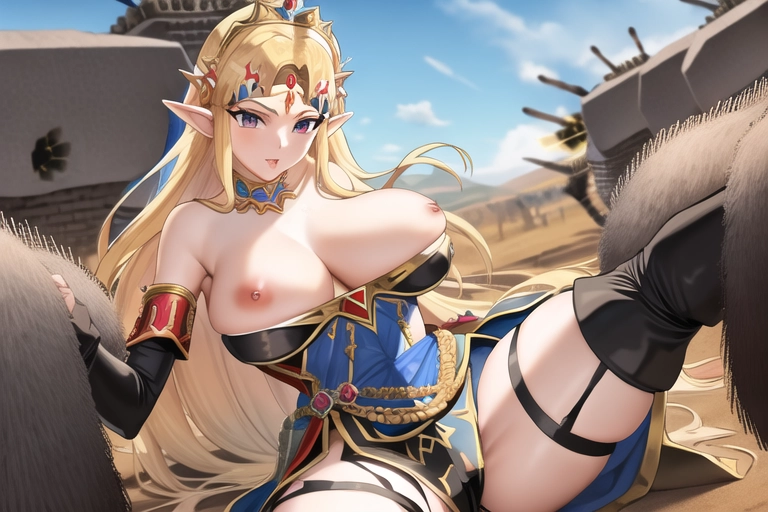Princess Zelda wearing torn royal dress with sagging breasts bigger than face (commanding:1.4) (soldiers:1.5) on the (battlefield:1.5) with a fierce pose teasing soldiers, landscape, soldiers, longshot photograph